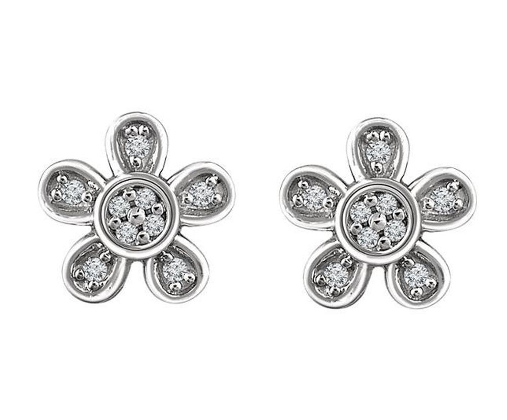 Diamond Flower Youth Earrings, Rhodium-Plated 14k White Gold 
