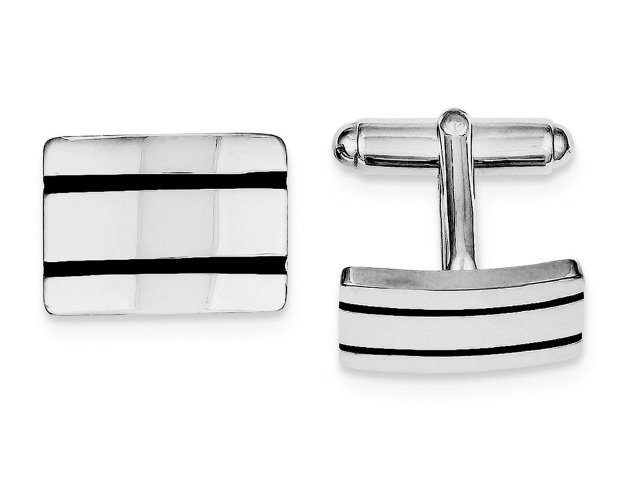 Sterling Silver Rhodium-Plated Black Enameled Cuff Links