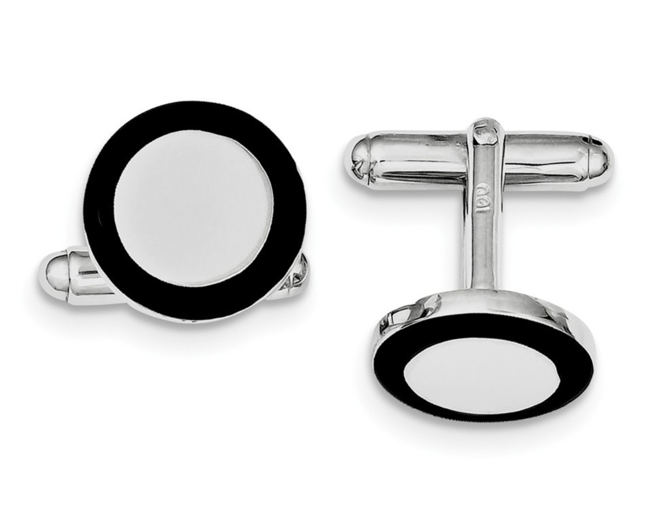 Sterling Silver Rhodium-Plated And Black Enamel Round Cuff Links