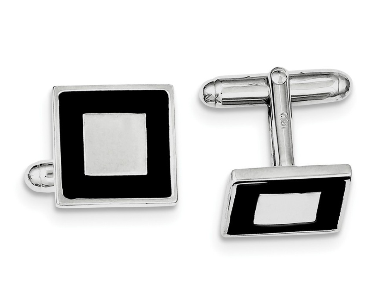 Sterling Silver Rhodium-Plated And Black Enamel Cuff Links
