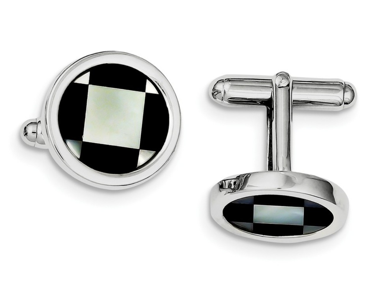 Sterling Silver Rhodium-Plated With MOP And Black Enamel Cuff Links