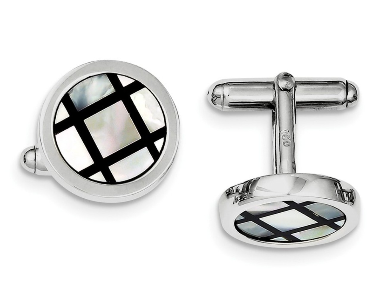 Sterling Silver Rhodium-Plated With MOP And Black Enamel Cuff Links