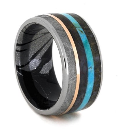 Hand made Dinosaur Bone, turquoise, Gibeon Meteorite, petrified wood, 14k rose gold, overlaid on a 10.00 millimeter, comfort-fit, dome black and white Mokume Gane band. 