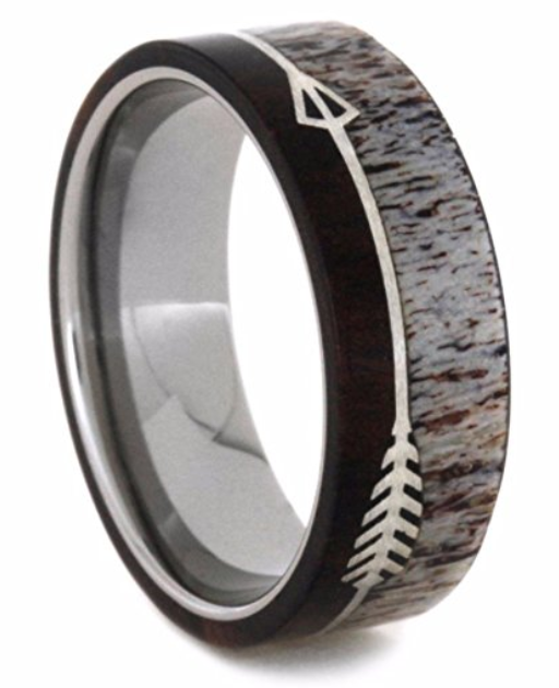 Gorgeous deer antler and Ironwood comfort-fit ring with an inlaid arrow on a hypoallergenic titanium comfort-fit ring. 