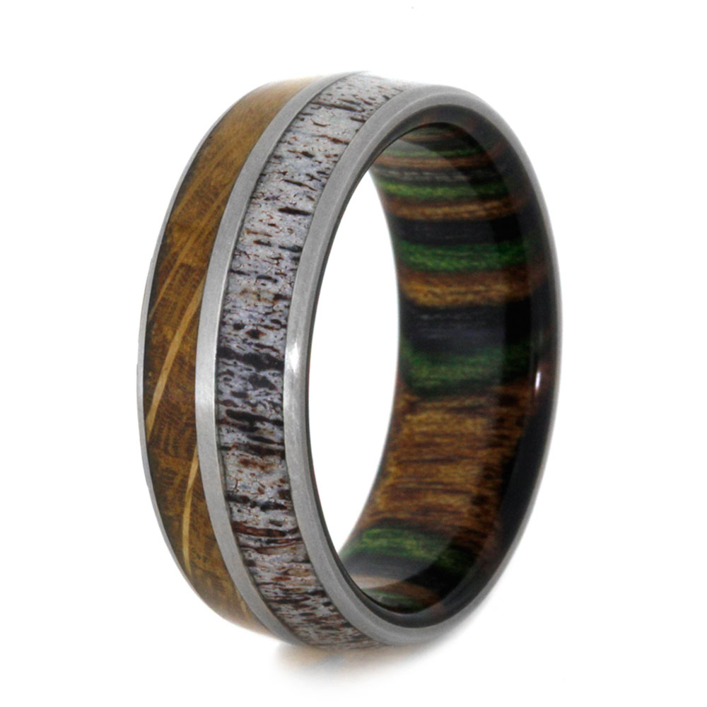 Whiskey Barrel Oak Wood, Deer Antler, matte titanium 8mm comfort-fit Dymondwood ring, handcrafted in the USA.