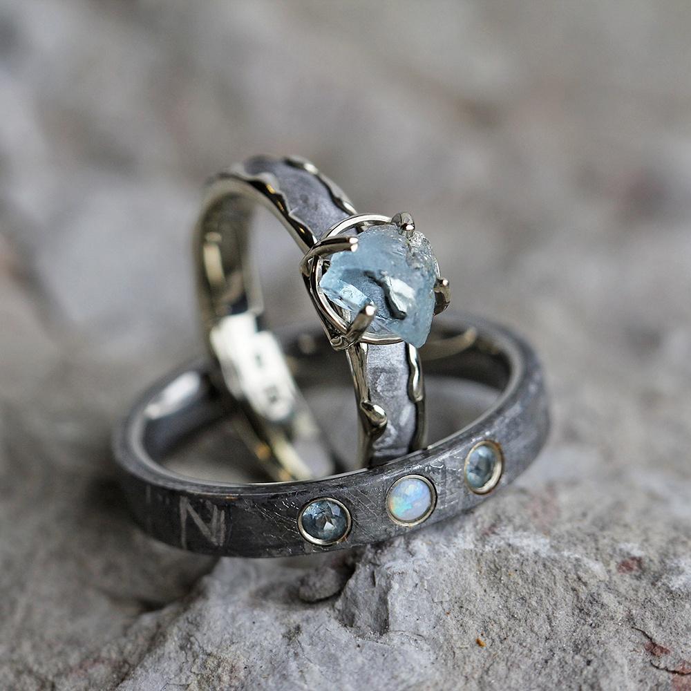 His and Hers Rough Cut Aquamarine, Gibeon Meteorite Ring and Aquamarine, Opal, Gibeon Meteorite 4MM Comfort-Fit Titanium Band