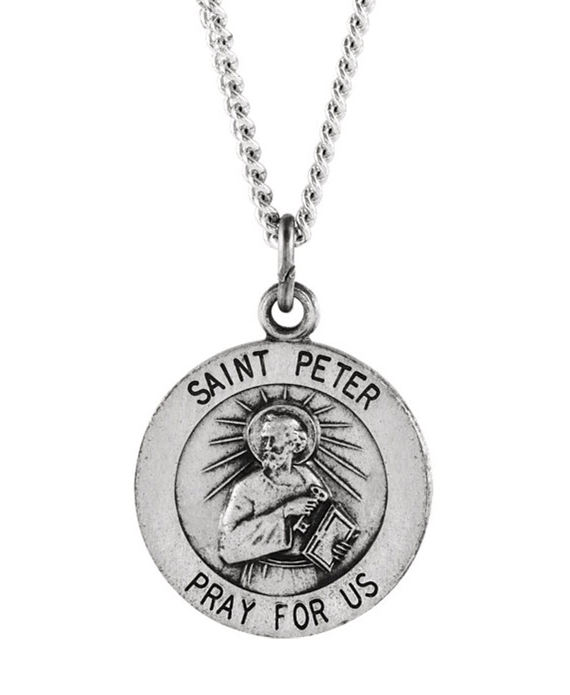Sterling Silver Round St. Peter Necklace, 18" (15MM).