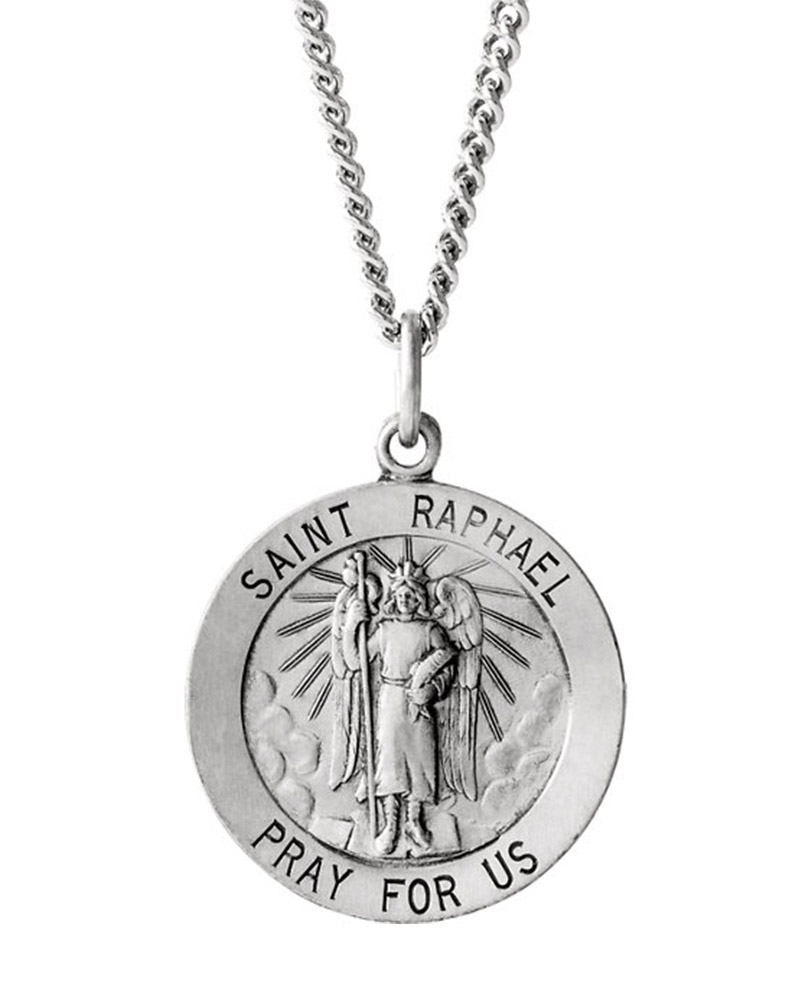 Sterling Silver Round St. Raphael Necklace, 18" (15MM).