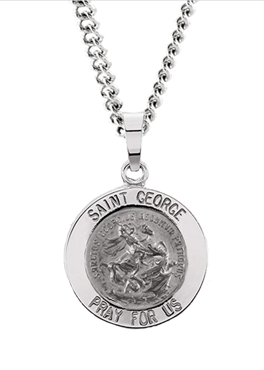 Rhodium Plated Sterling Silver Round St. George Medal Necklace, 18" (18.25 MM).