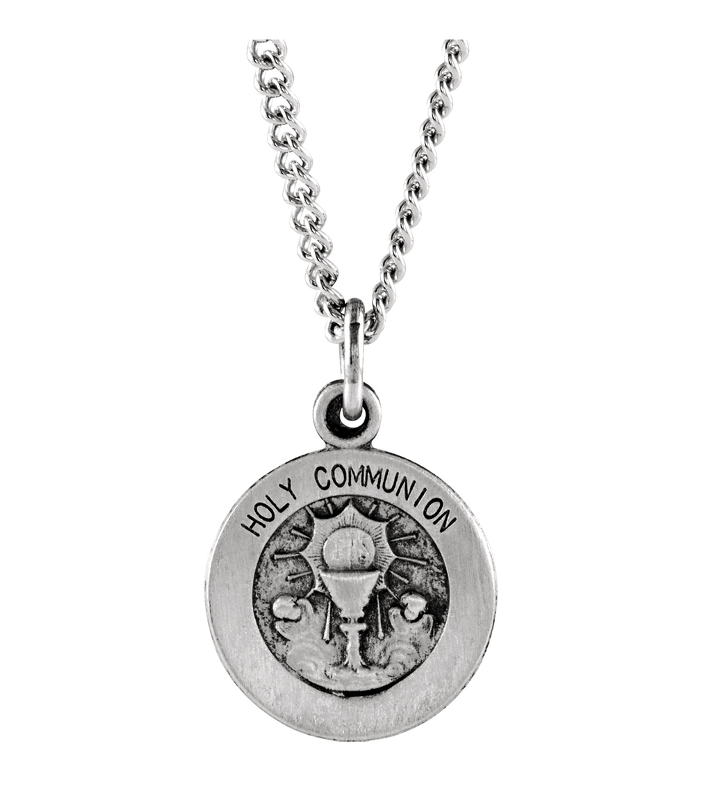 Sterling Silver Round Holy Communion Medal with Chain Necklace, 18.