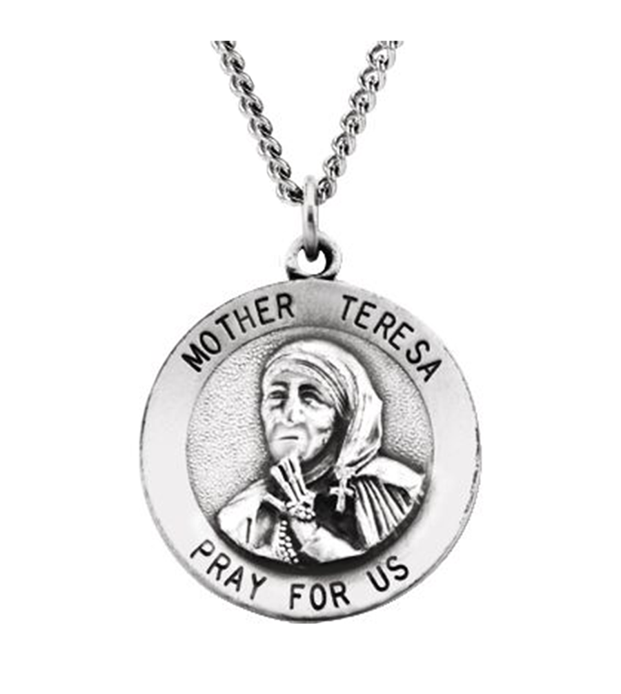 Sterling Silver Round Mother Teresa Medal Pendant Necklace, 18" (18 MM).