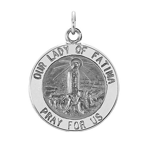 Rhodium Plated Sterling Silver Round Our Lady of Fatima Medal (18.5 MM).