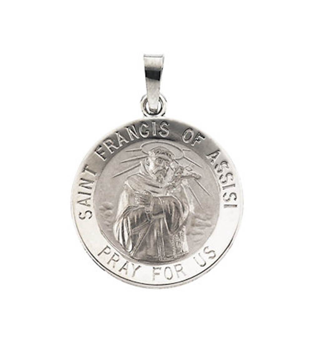 14k White Gold Round St. Francis of Assisi Medal (18 MM).