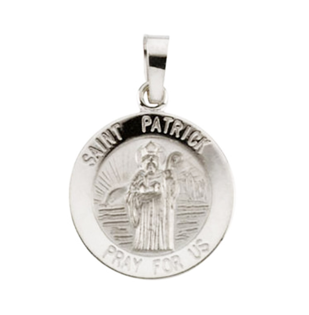 14k White Gold Round St. Patrick Medal (15MM).