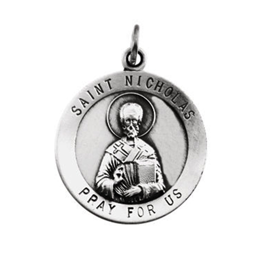 Rhodium Plated 14k White Gold St. Nicholas Medal (18.25MM).