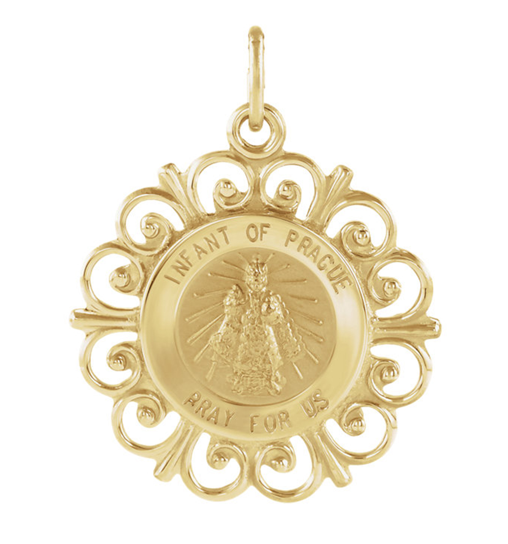 Rhodium Plated 14k Yellow Gold Infant of Prague Medal.