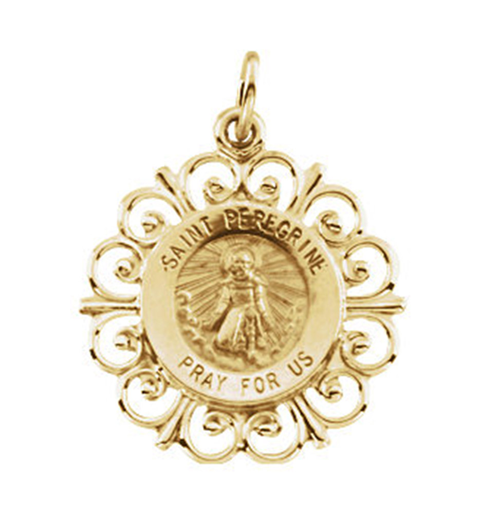 Rhodium Plated 14k Yellow Gold St. Peregrine Medal (18.5MM).