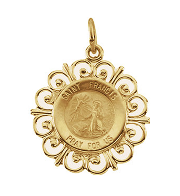 Rhodium Plated 14k Yellow Gold St. Francis of Assisi Medal (18.5 MM).