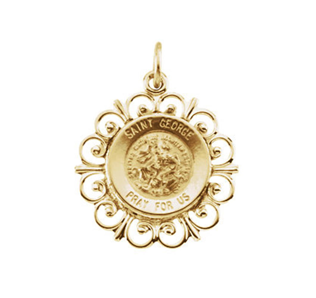 Rhodium Plated 14k Yellow Gold Round St. George Medal (18.5 MM).