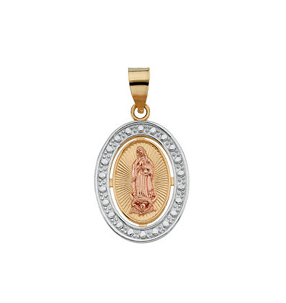 Rhodium-Plated 14k Yellow and Rose Gold Tri-Color Our Lady of Guadalupe Oval Pendant (20x15.75 MM).