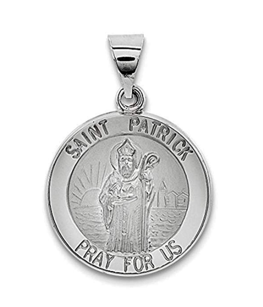 14k White Gold Round Hollow St. Patrick Medal (18MM).