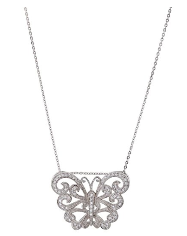 Vintage-Style Butterfly CZ Necklace Rhodium Plate Sterling Silver Necklace, 18",