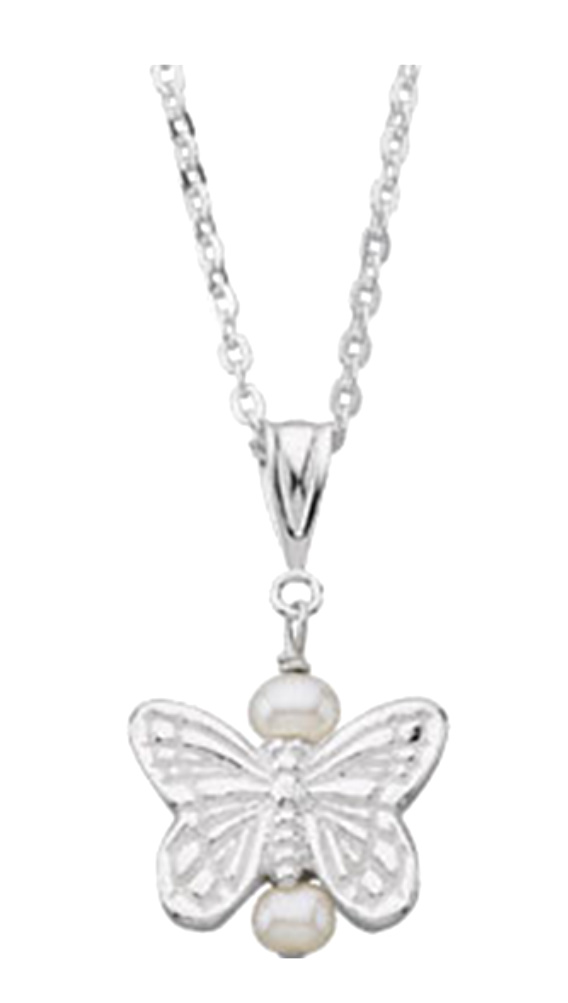 Embossed butterfly pendant with two round, white freshwater cultured pearls, pendant and 16 inch chain are crafted in polished sterling silver.