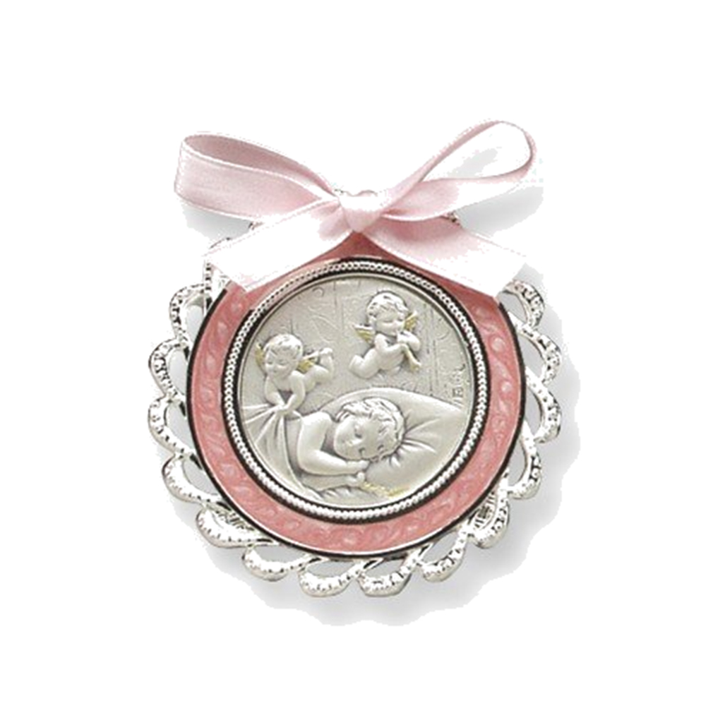 Girl's Sterling Silver Pink Crib Medal (5.25 X 7.2IN)