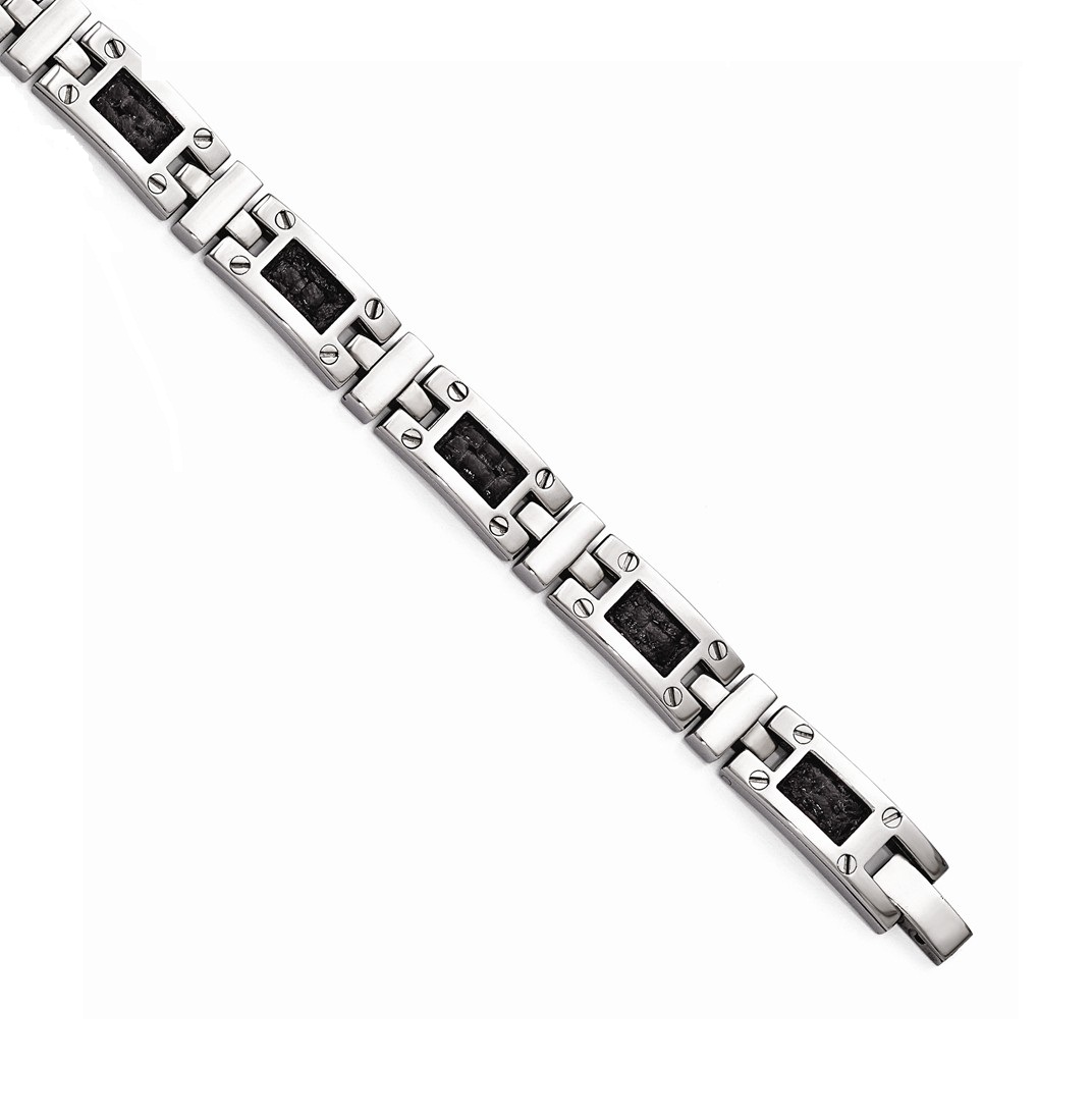 Men's Polished Titanium 10mm  Black Leather Fold Over Link Bracelet, 8