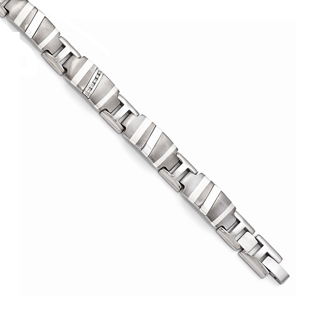 Men's Polished Titanium 13mm Sterling Silver Diamond Link Bracelet, 8.5