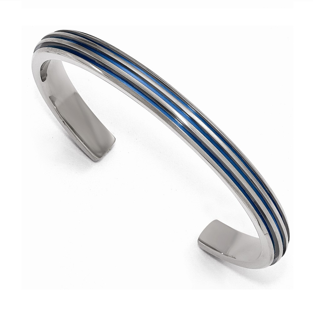 Men's Polished Titanium Triple Groove Blue Anodized Cuff Bangle Bracelet