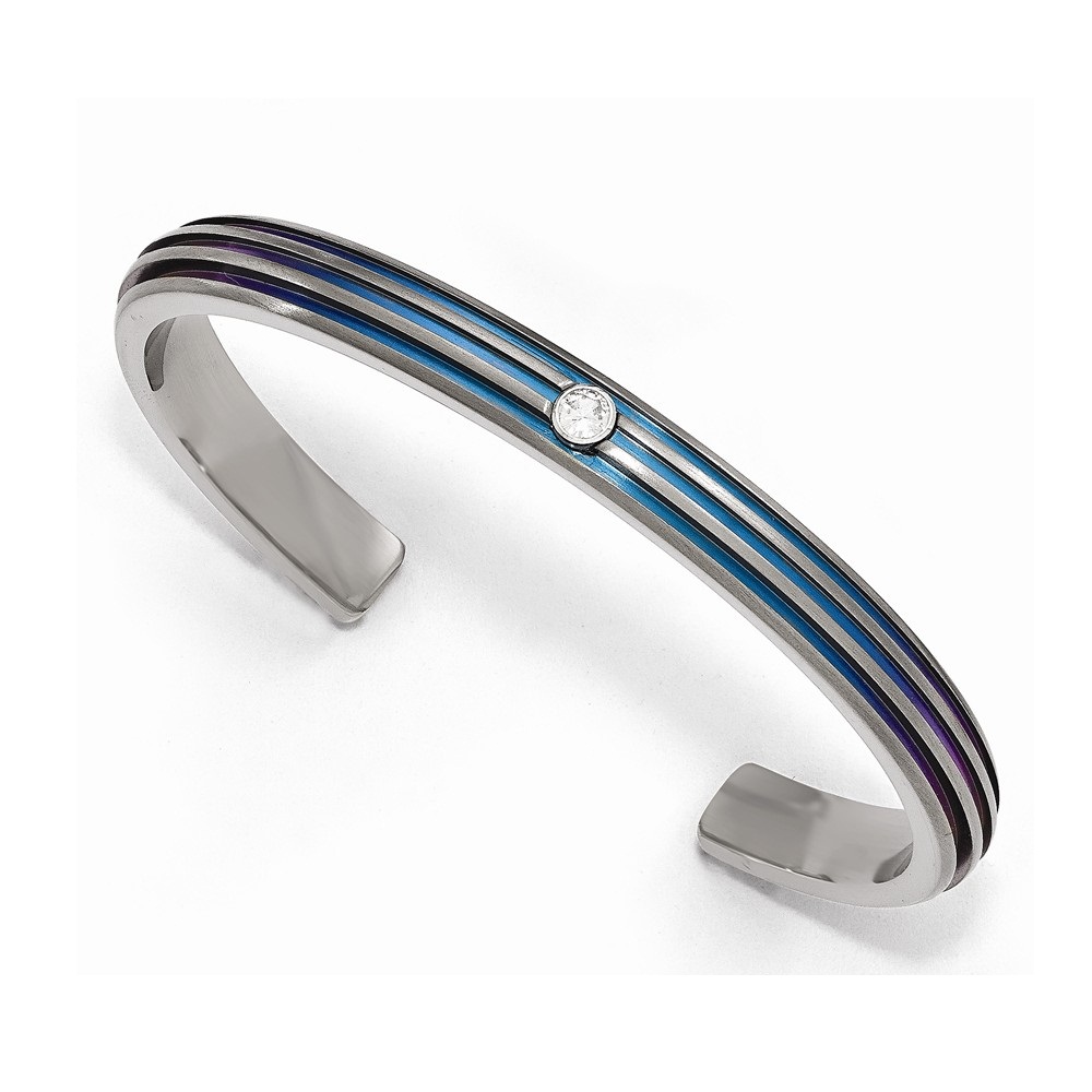 Men's Polished Titanium Triple Groove Blue Anodized and White Sapphire Cuff Bangle Bracelet