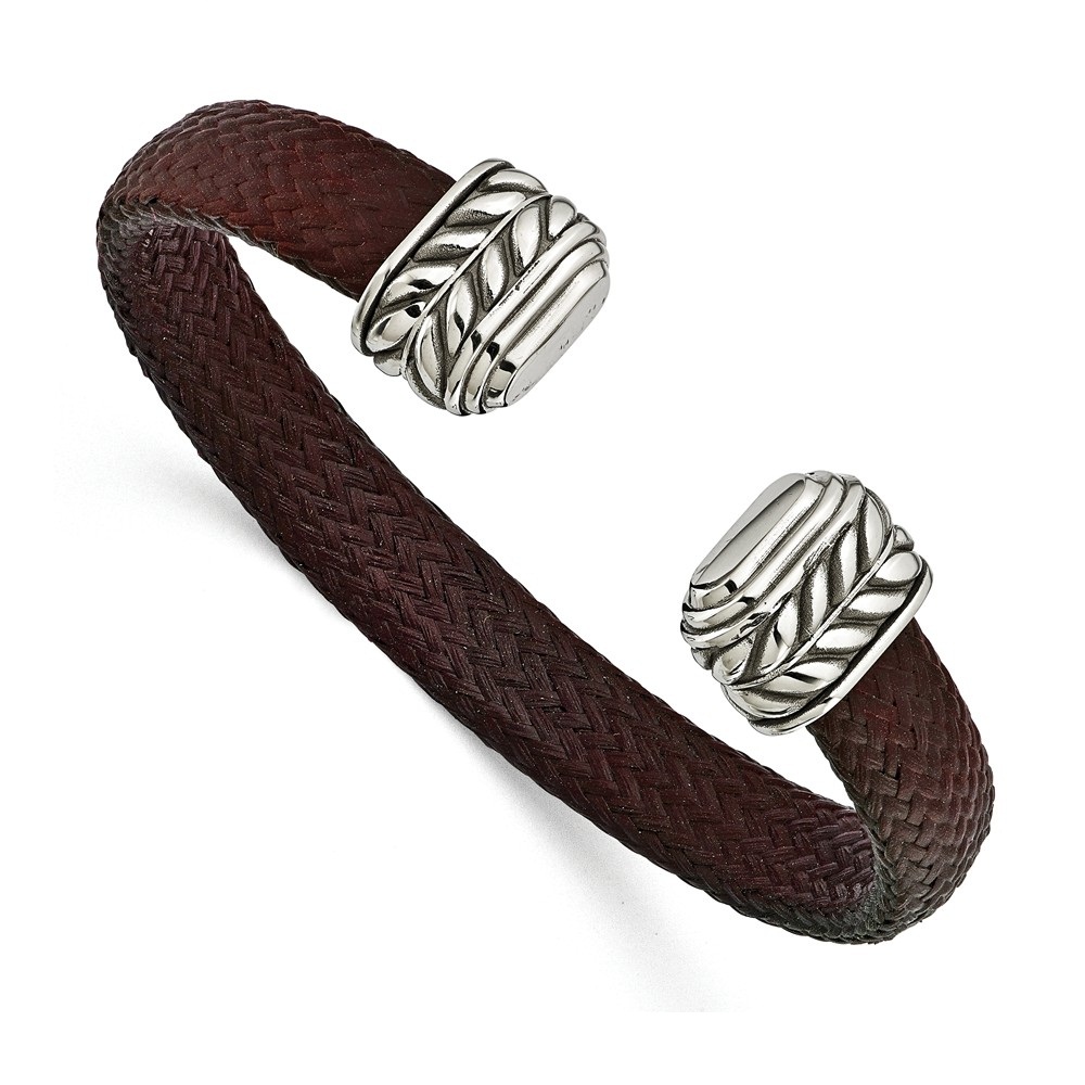 Men's Polished Stainless Steel 10.5mm Brown Carbon Fiber Cuff Bangle Bracelet, 6