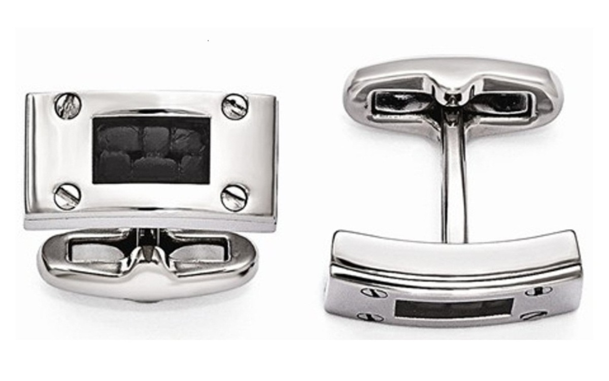 Edward Mirell Titanium And Black Leather Polished Cuff Links