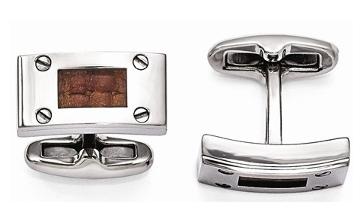 Edward Mirell Titanium And Brown Leather Polished Cuff Links