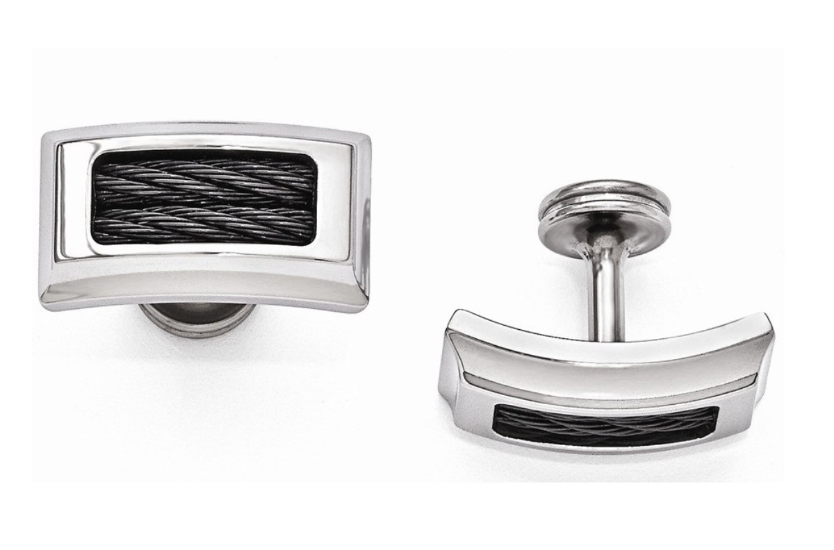 Edward Mirell Titanium And Black Memory Cable Polished Cuff Links
