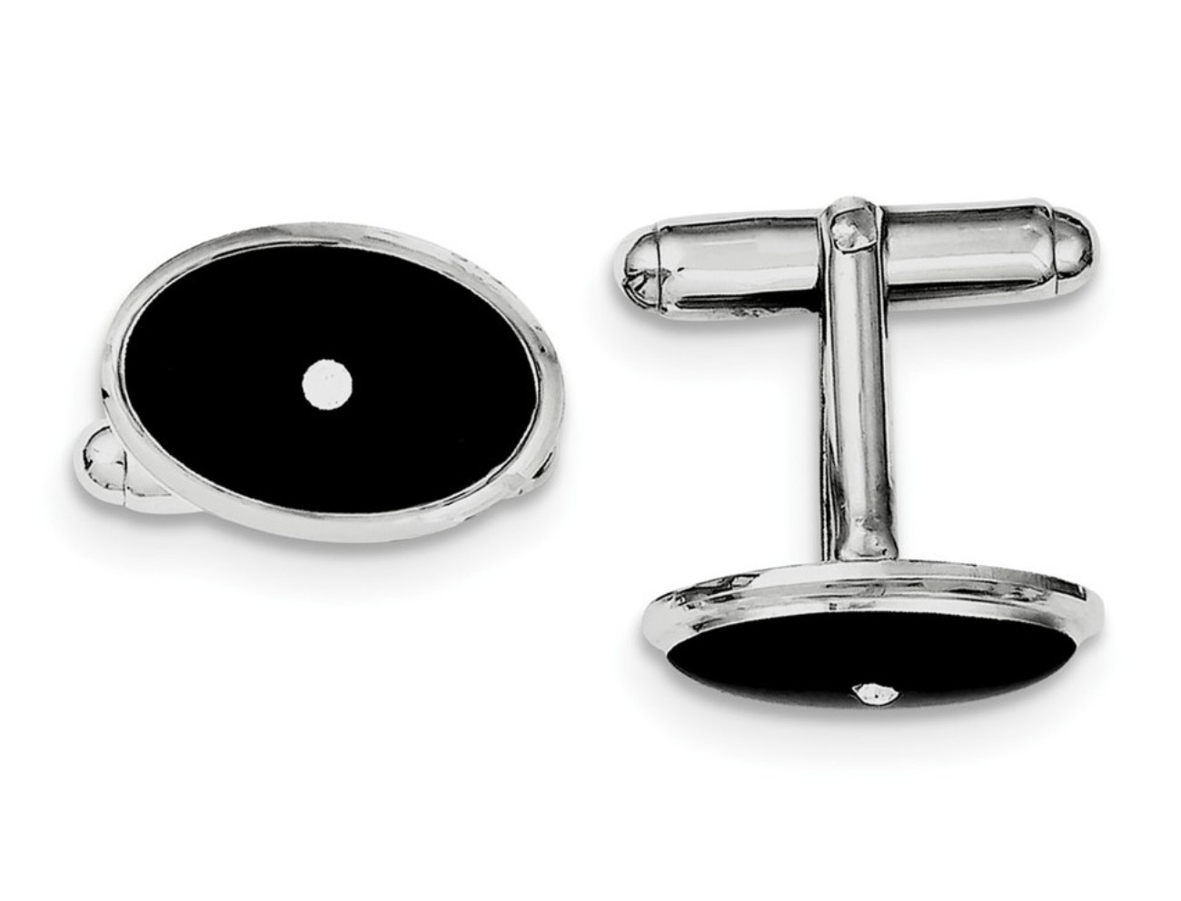 Sterling Silver Rhodium-Plated Black Enamel With CZ Cuff Links