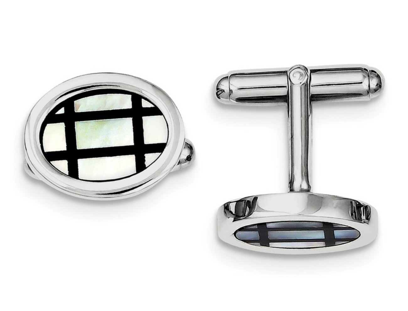 Sterling Silver Rhodium-Plated With MOP And Black Enamel Cuff Links