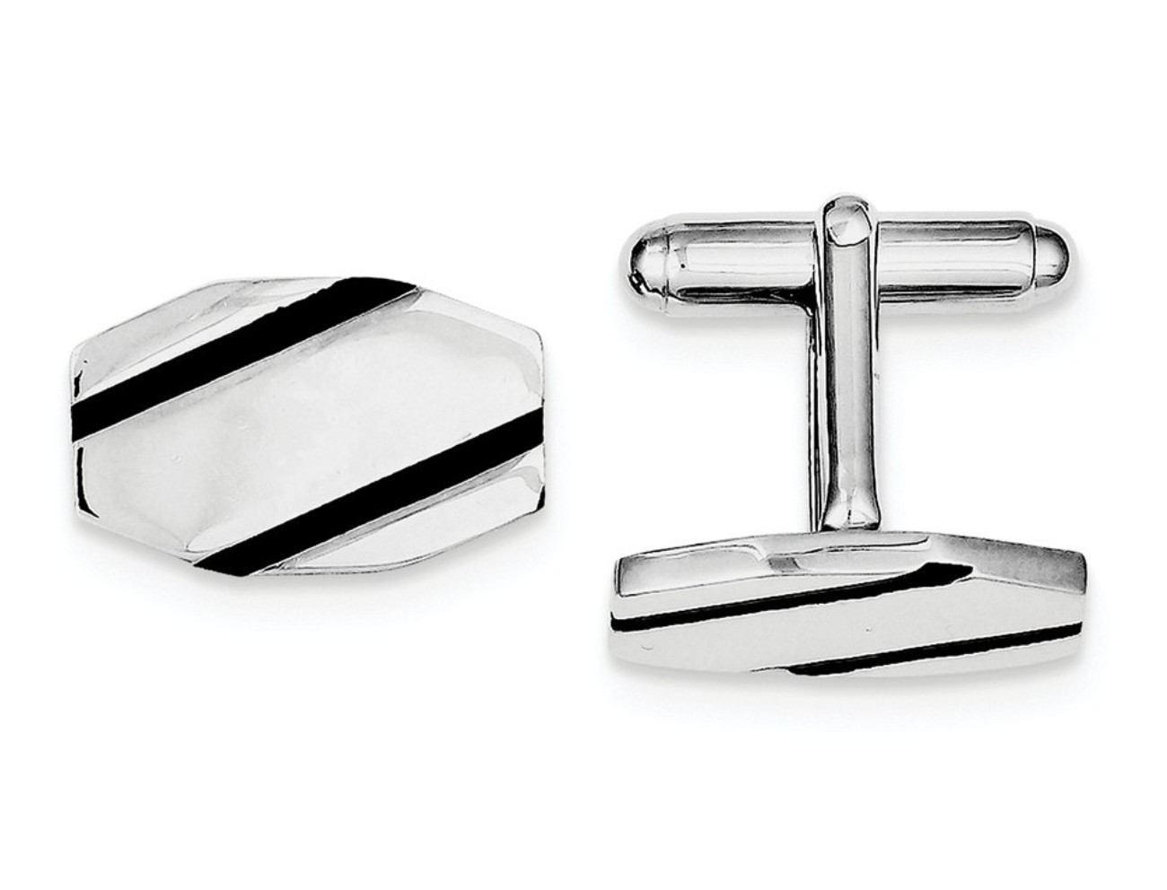 Sterling Silver Rhodium-Plated And Black Enamel Cuff Links