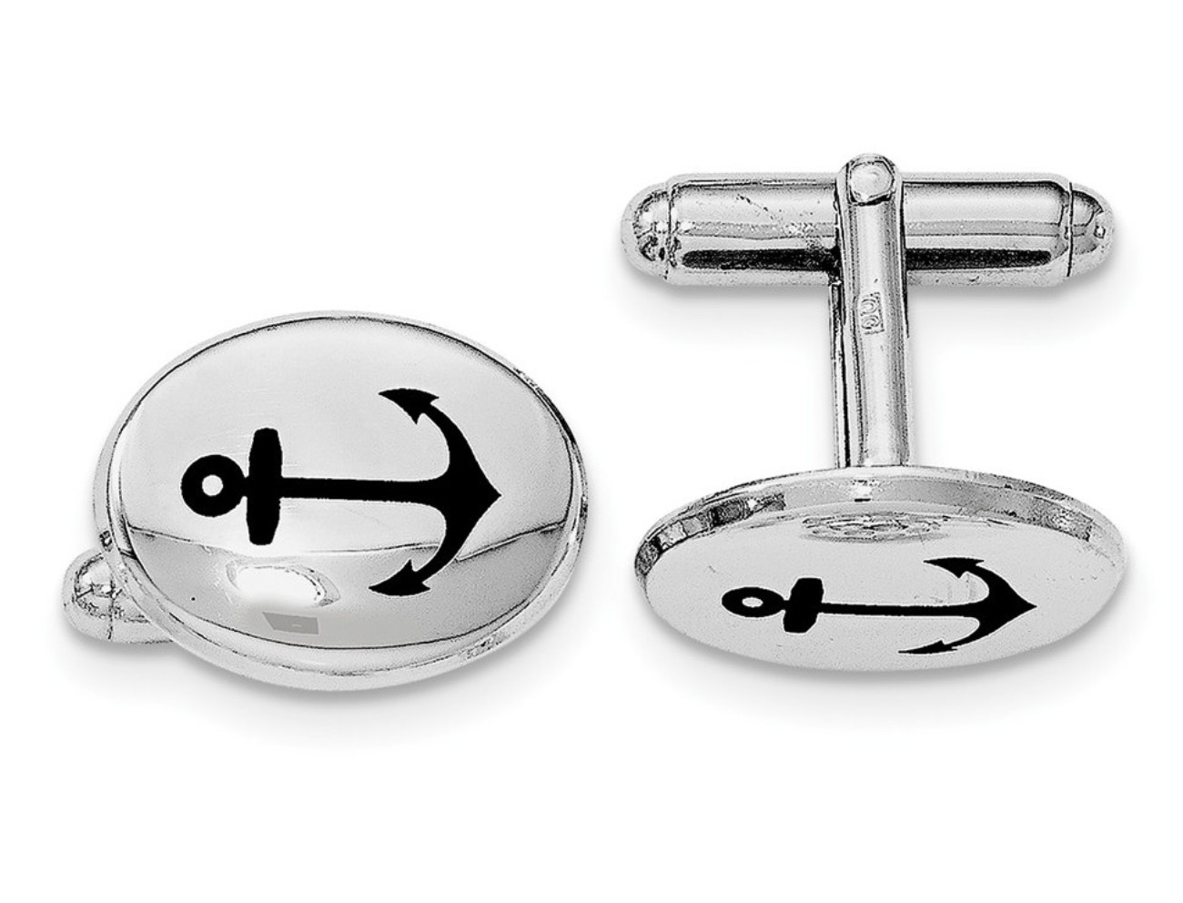 Sterling Silver Rhodium-Plated Black Anchor Enamel Oval Cuff Link