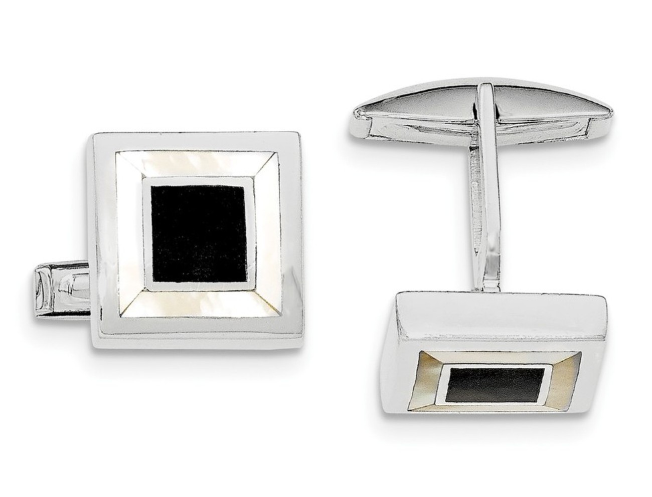 Sterling Silver Rhodium-Plated Mother Of Pearl And Enamel Cuff Links