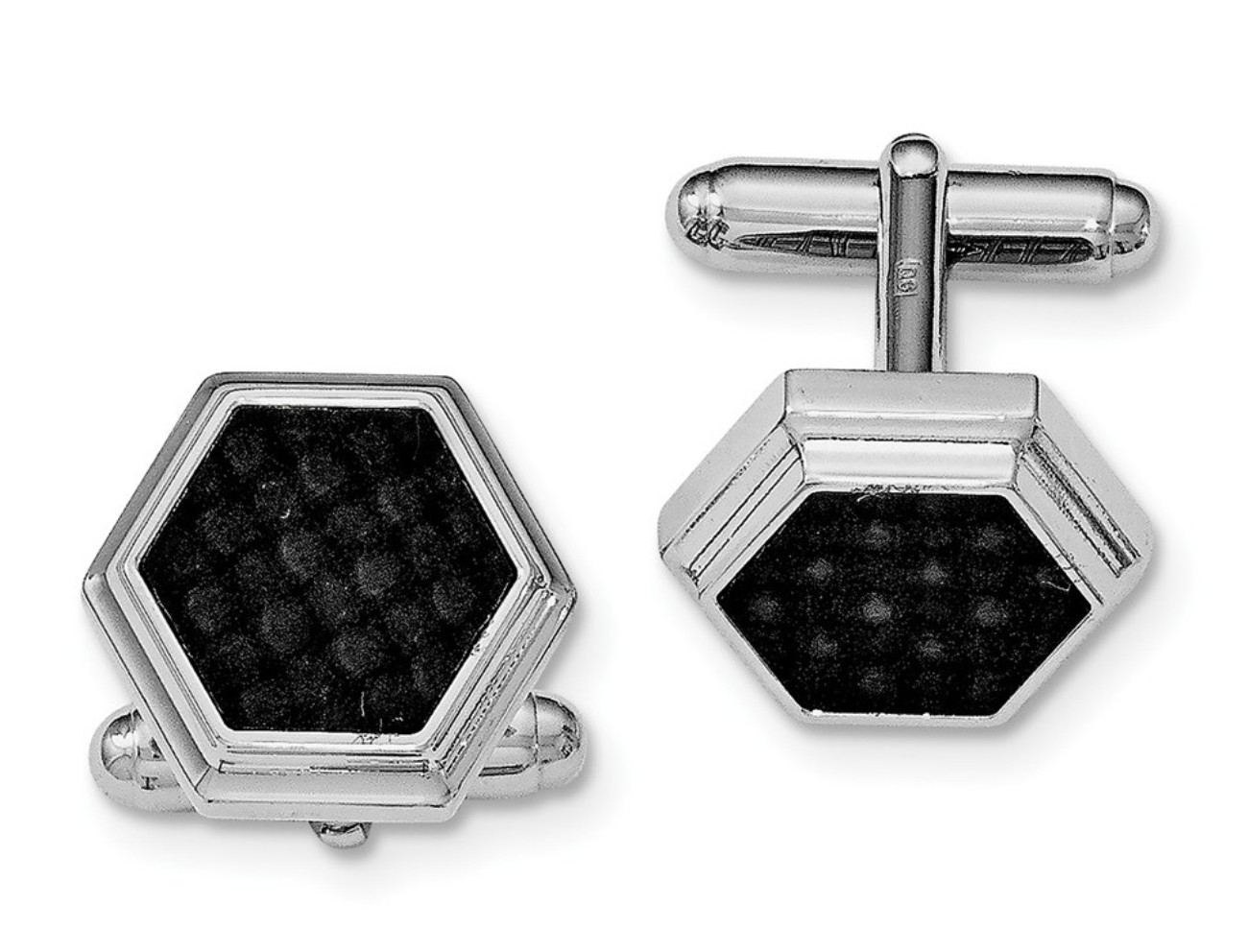 Sterling Silver Rhodium-Plated Hexagon Black Carbon Fiber Cuff Links