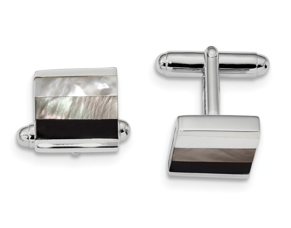 Sterling Silver Rhodium-Plated Onyx And White/Grey MOP Cuff Links