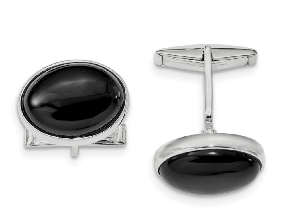 Sterling Silver Rhodium-Plated Cabochon Onyx Cuff Links