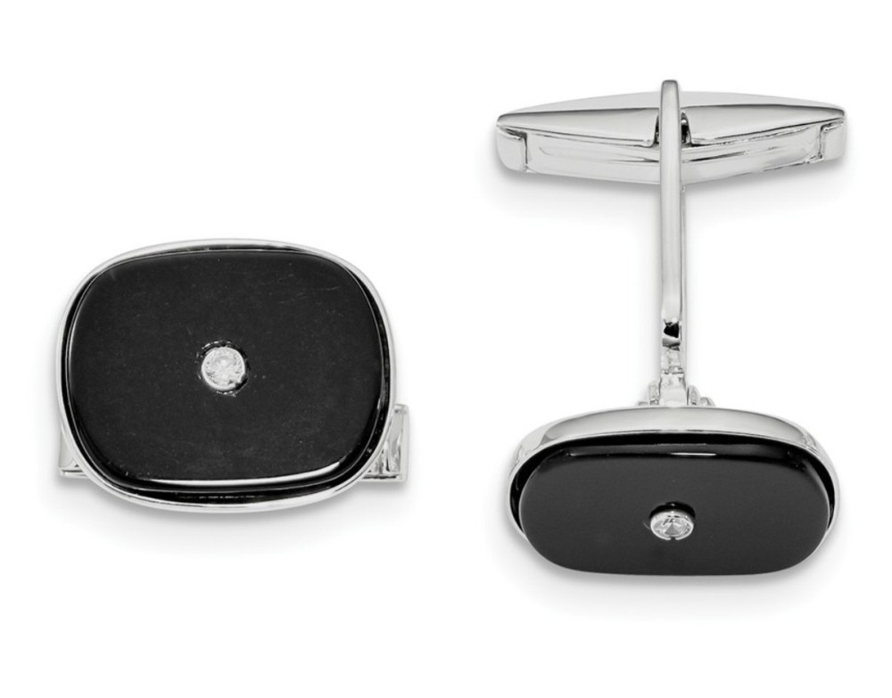 Sterling Silver Rhodium-Plated Black Agate And CZ Cuff Links