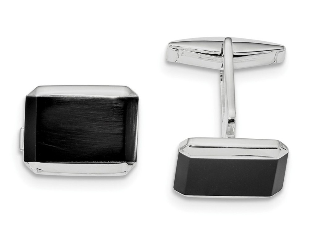 Sterling Silver Rhodium-Plated Rectangle Onyx Cuff Links