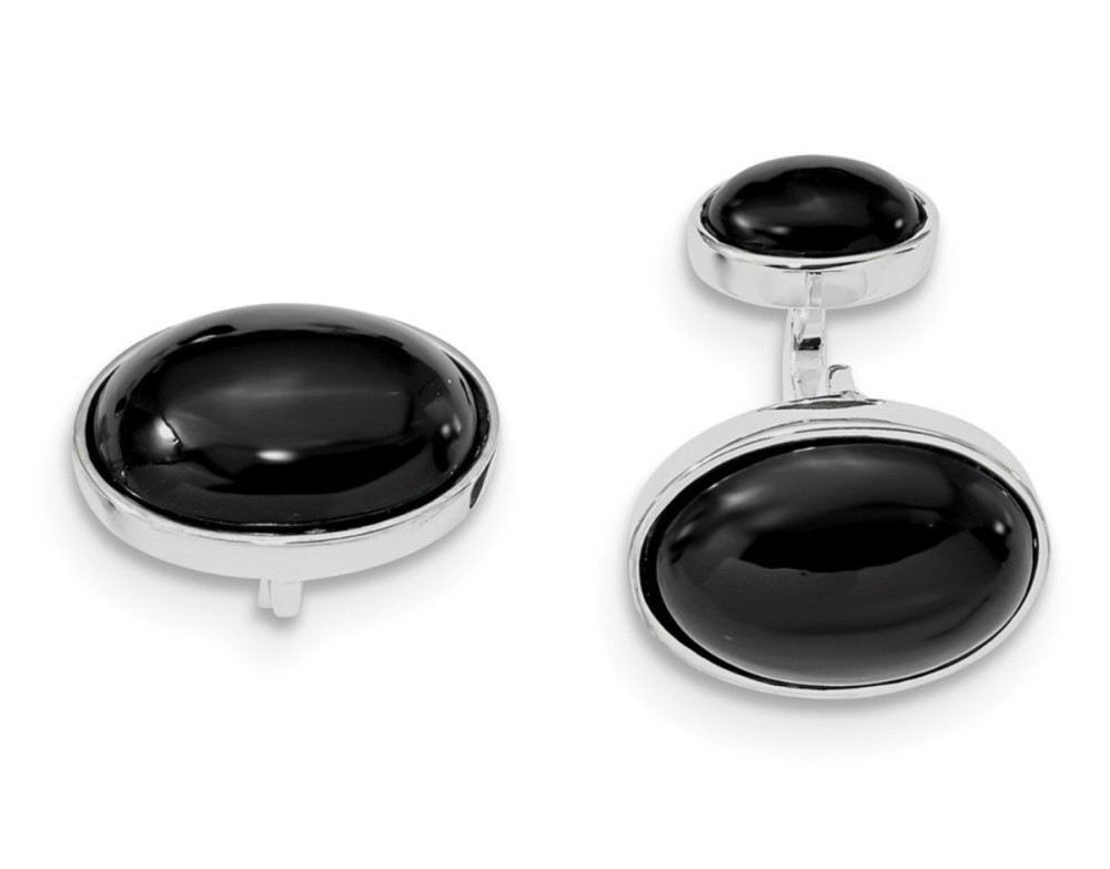 Sterling Silver Rhodium-Plated Oval Onyx Cuff Links