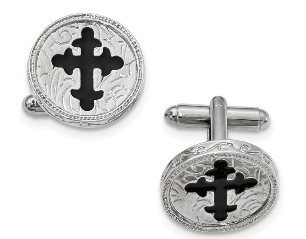 Silver-Tone Black Enameled Cross Cuff Links