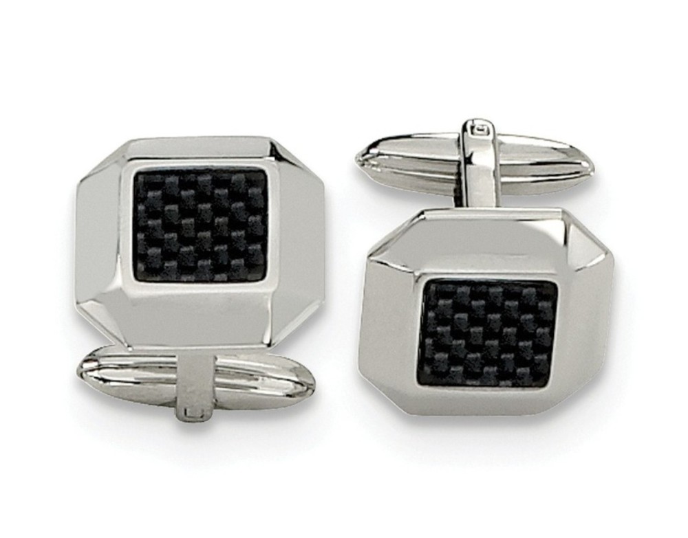 Stainless Steel Polished Black Carbon Fiber Inlay Cuff Links