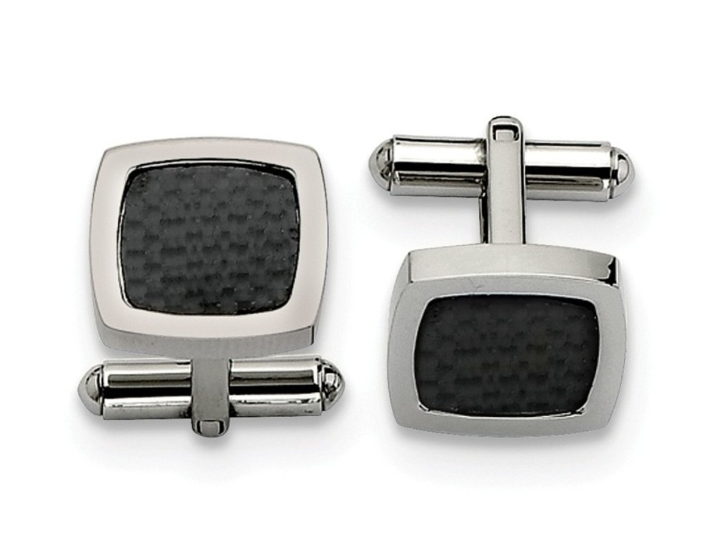 Stainless Steel Polished Black Carbon Fiber Inlay Cuff Links